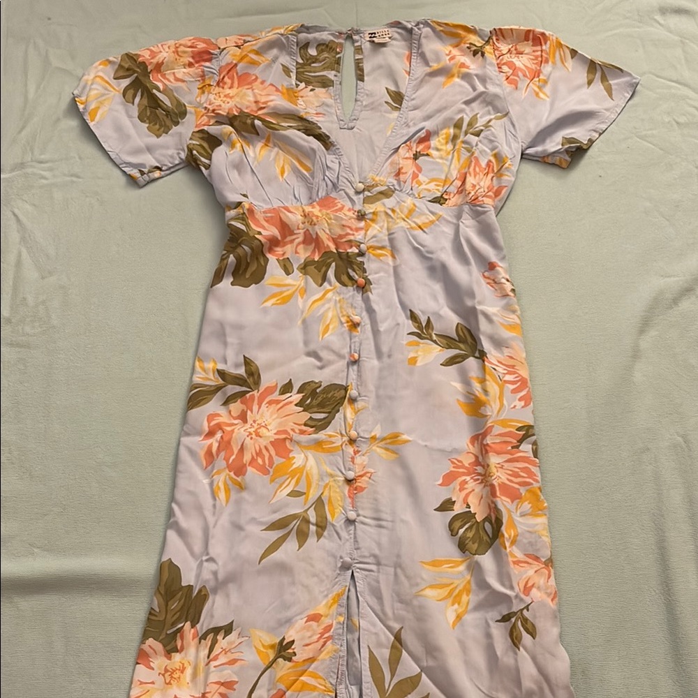 Billabong Pastel Blue Dress with Orange and Yellow Floral Design